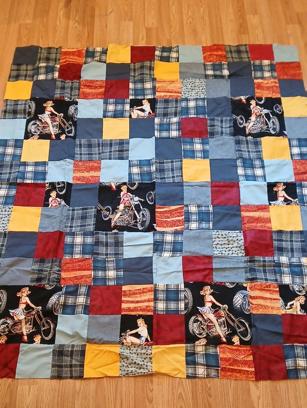 Motorcycle Pin-up Girl Themed Quilt Top Ready For Backing